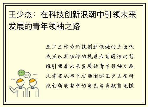 王少杰：在科技创新浪潮中引领未来发展的青年领袖之路