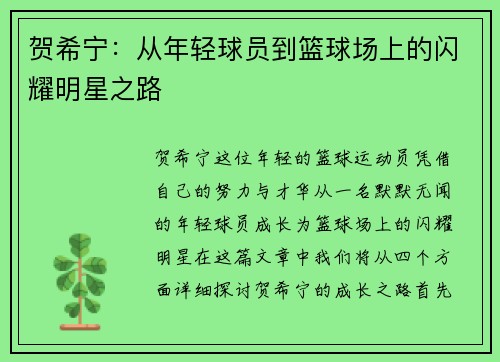 贺希宁：从年轻球员到篮球场上的闪耀明星之路